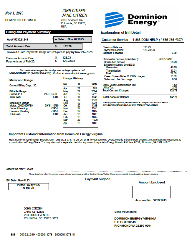 USA Dominion Energy utility bill template in Word and PDF formats, version 2